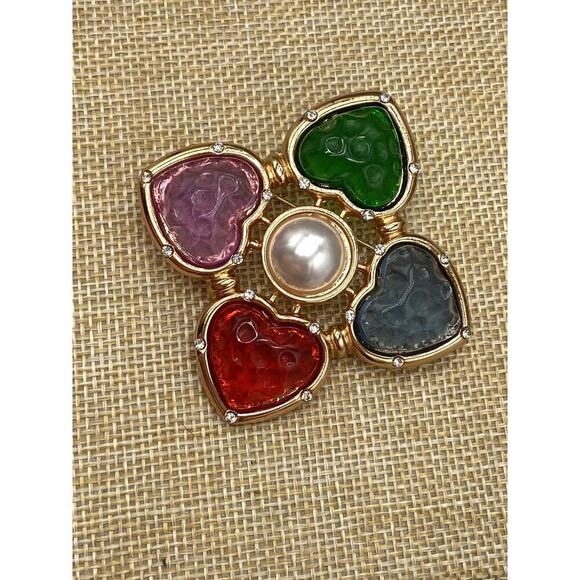 Brooch Pin Four Leaf Hearts Acrylic Colorful Faux Pearl Gold Tone - Picture 4 of 6